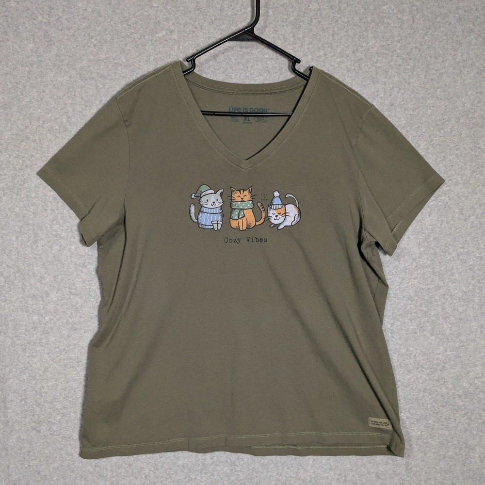 Life is Good Womens XL Olive Green Cozy Vibes Cat Graphic V-Neck Crusher Tee
